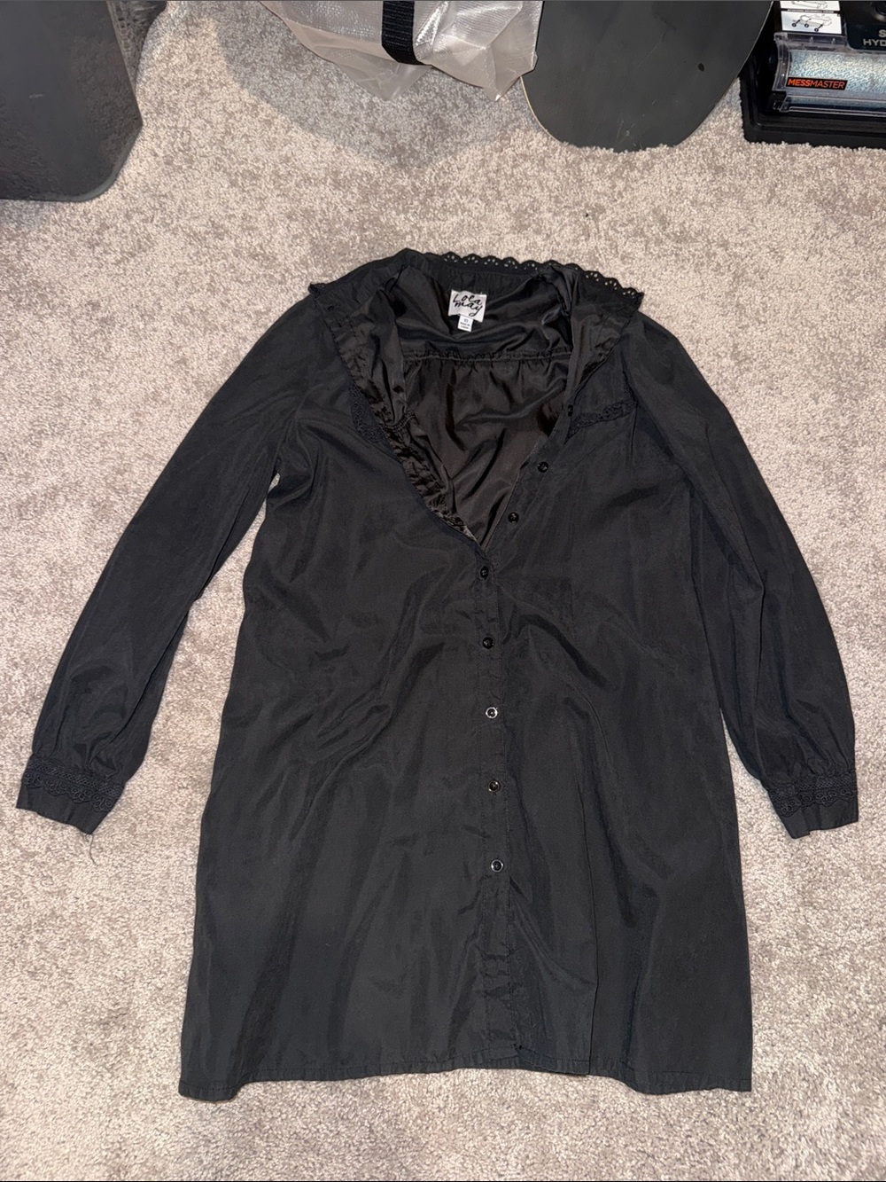 lola Black Long Sleeve Button Front Dress with Lace Trim